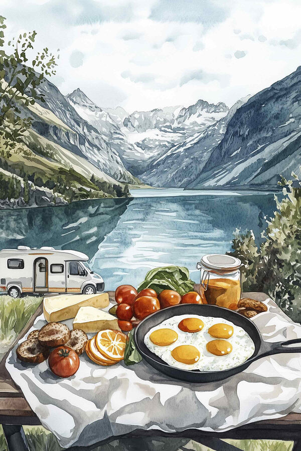 Essen auf einem Tisch neben einem See Essen auf einem Tisch neben einem See