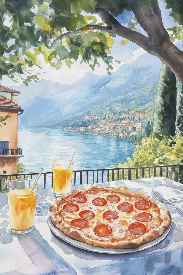 Aquarellmalerei einer Pizza und Getränke auf einem Tisch Aquarellmalerei einer Pizza und Getränke auf einem Tisch