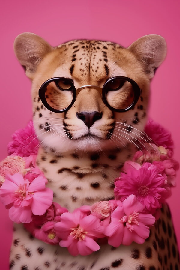 Leopard mit Brille und Blumenkette Leopard mit Brille und Blumenkette