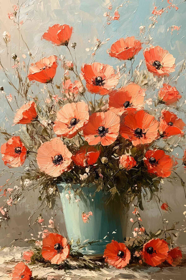 Gemälde mit Blumen in einer blauen Vase Gemälde mit Blumen in einer blauen Vase