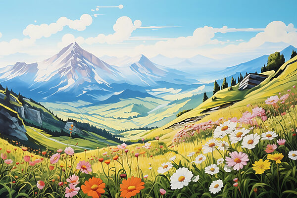 Landschaft mit Bergen und Blumen Landschaft mit Bergen und Blumen
