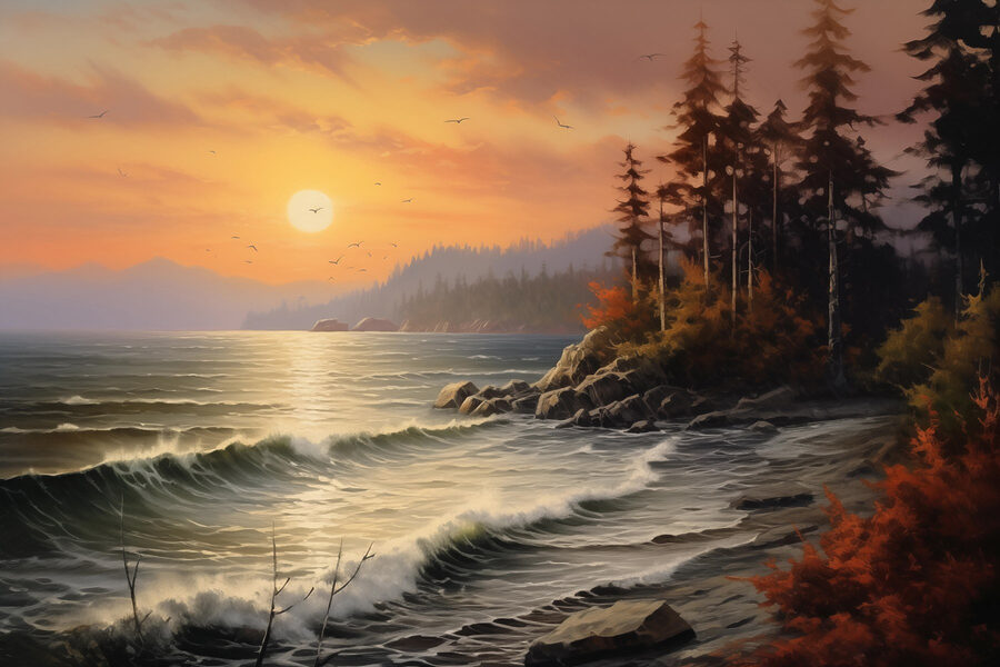 Sonnenuntergang über einem felsigen Strand