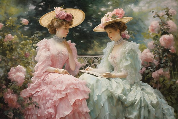 Malerei von Frauen in Kleidern und Hüten Malerei von Frauen in Kleidern und Hüten