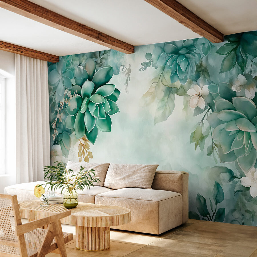 Malerei von grünen Pflanzen und Blumen