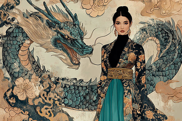 Frau im Kimono und ein Drache Frau im Kimono und ein Drache