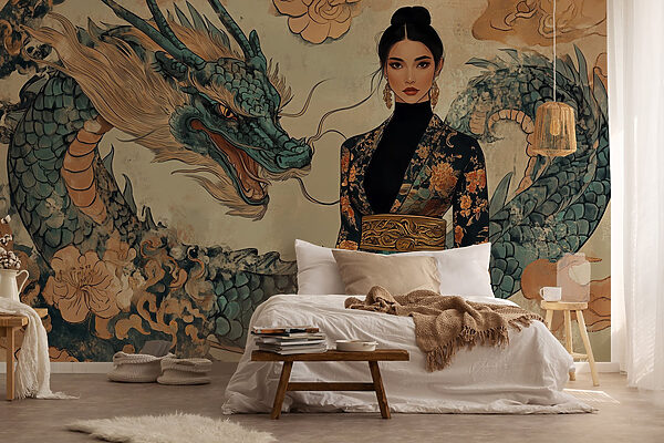 Frau im Kimono und ein Drache Frau im Kimono und ein Drache