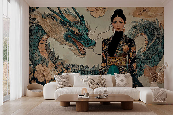 Frau im Kimono und ein Drache Frau im Kimono und ein Drache