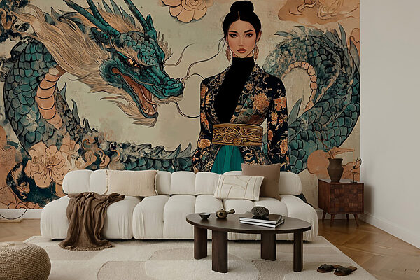 Frau im Kimono und ein Drache Frau im Kimono und ein Drache