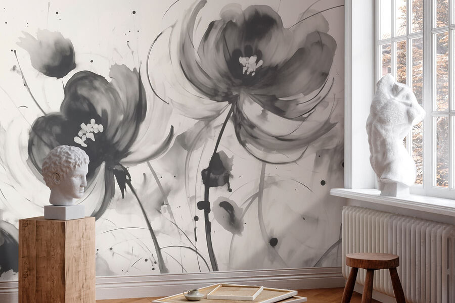 Malerei von Blumen auf einer weißen Fläche Malerei von Blumen auf einer weißen Fläche