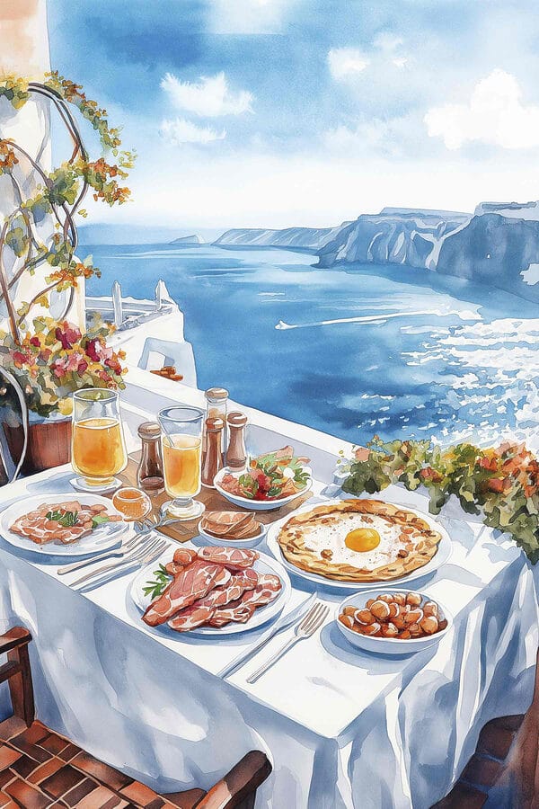 Aquarellmalerei von Essen auf einem Tisch mit Blick auf ein Gewässer Aquarellmalerei von Essen auf einem Tisch mit Blick auf ein Gewässer