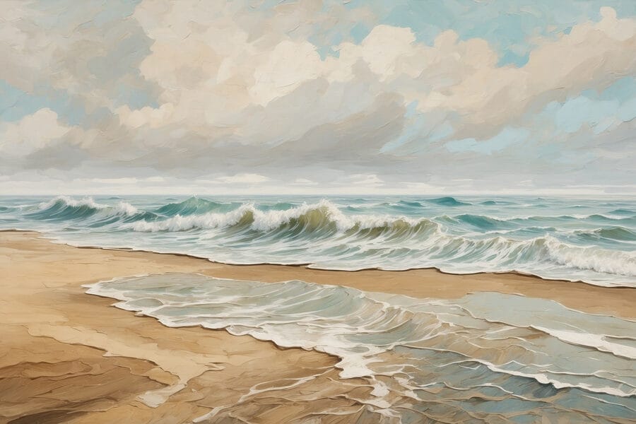 Gemälde von Wellen, die an einen Strand schlagen Gemälde von Wellen, die an einen Strand schlagen
