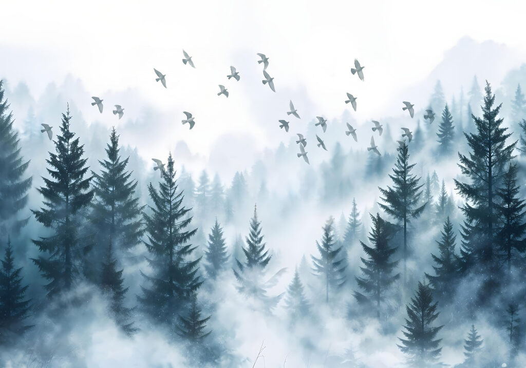 Vögel fliegen über einen Wald Vögel fliegen über einen Wald