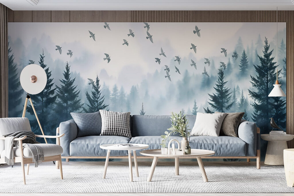 Birds flying over a forest