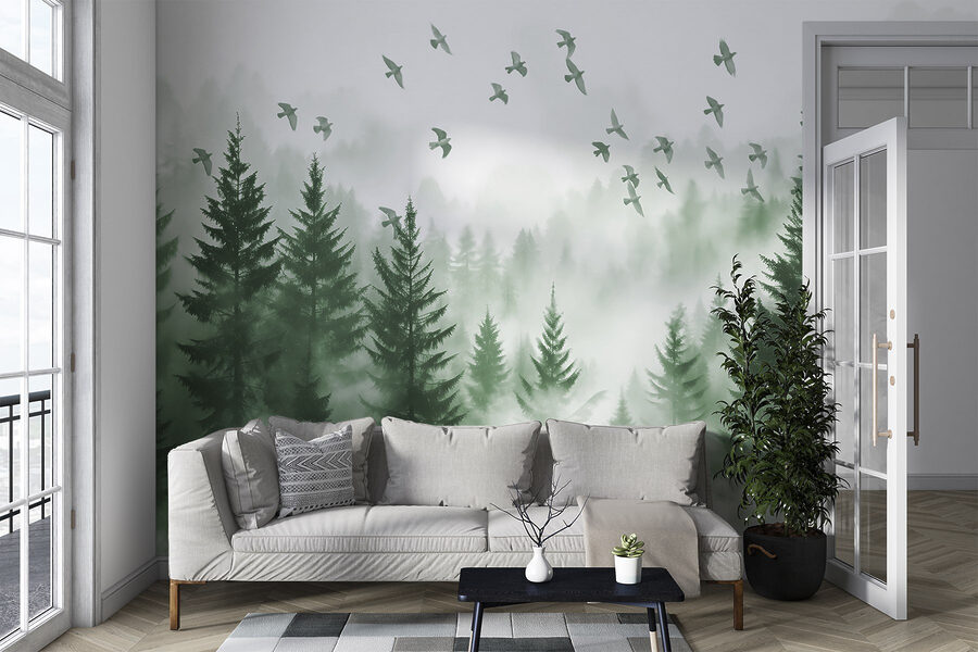 Vögel fliegen über einen Wald