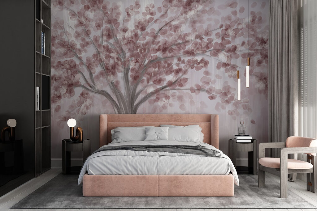 Painting of a tree with pink leaves