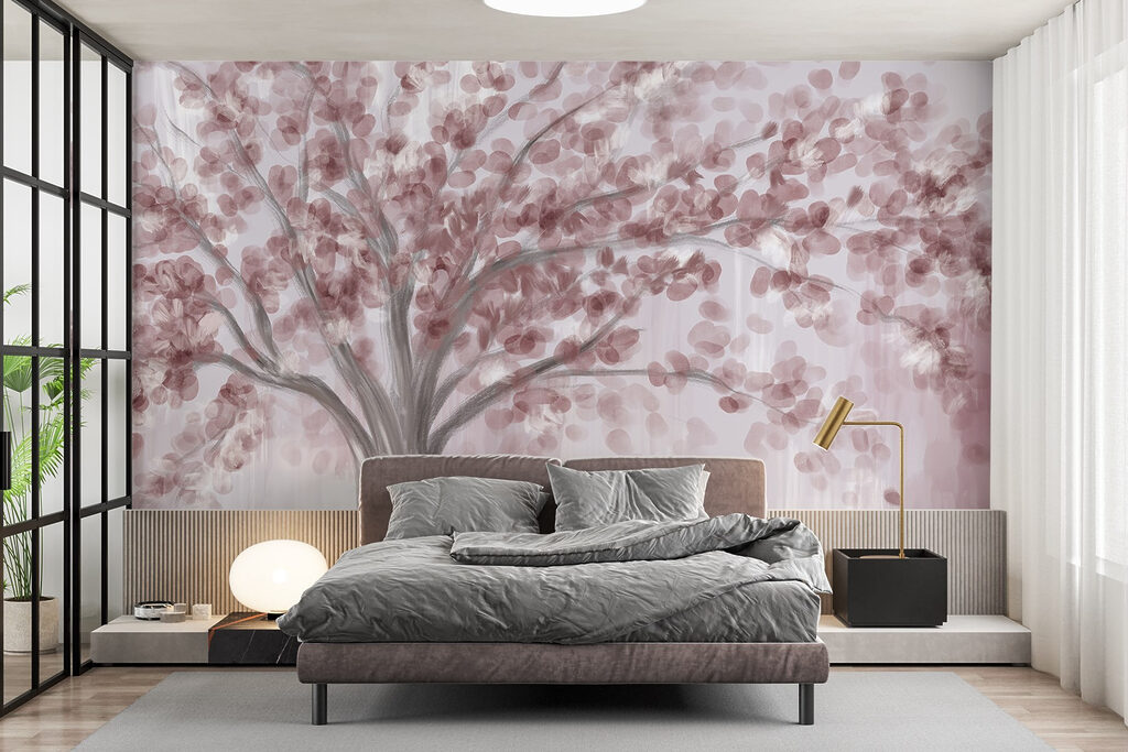Painting of a tree with pink leaves
