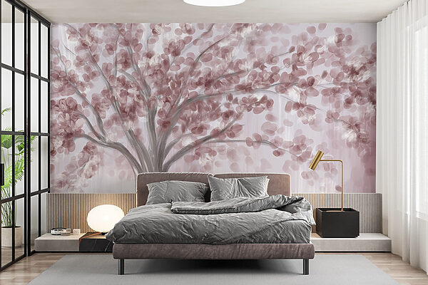 Gemälde eines Baumes mit rosa Blättern Gemälde eines Baumes mit rosa Blättern