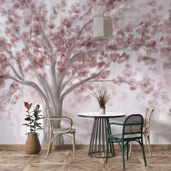 Gemälde eines Baumes mit rosa Blättern Gemälde eines Baumes mit rosa Blättern