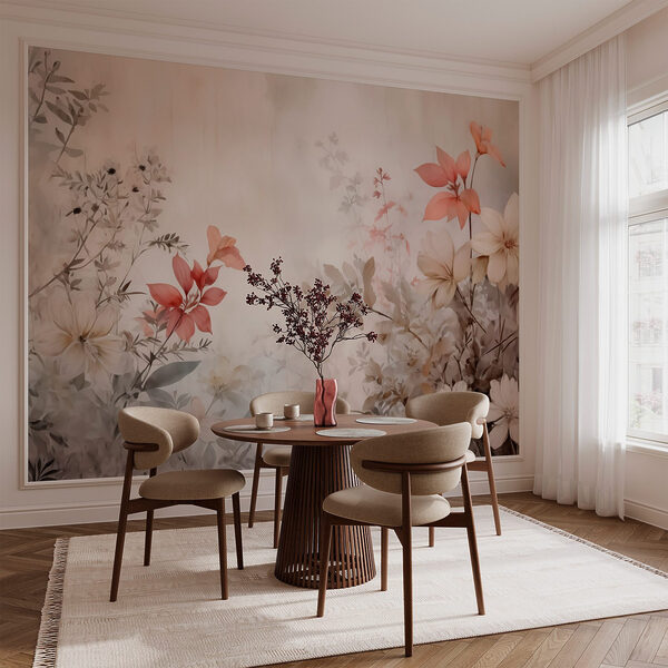 Gemälde mit Blumen an einer Wand Gemälde mit Blumen an einer Wand