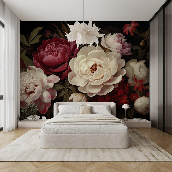 Gemälde von Blumen auf schwarzem Hintergrund Gemälde von Blumen auf schwarzem Hintergrund