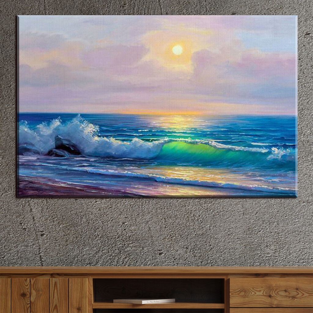 Painting of a beach with waves