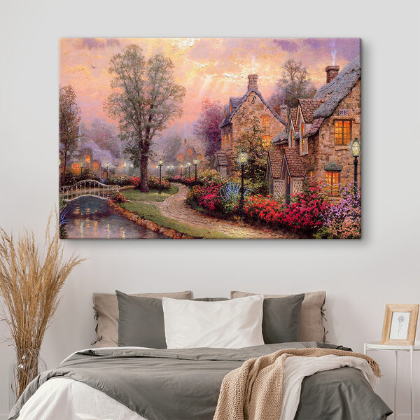 Gemälde eines Hauses mit Blumen und einem Weg Gemälde eines Hauses mit Blumen und einem Weg