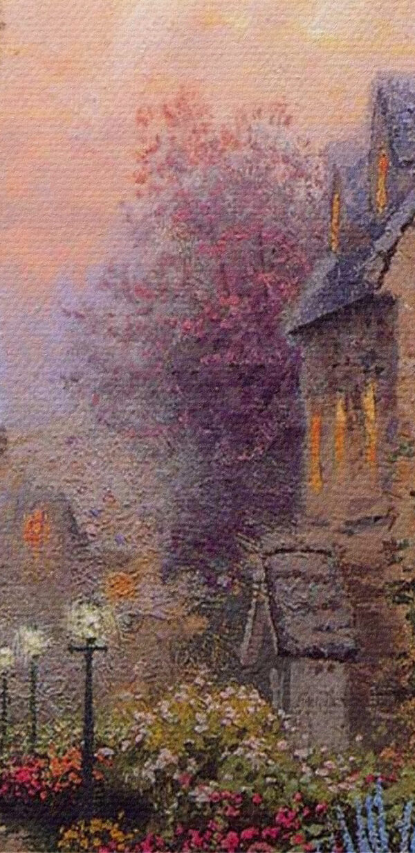 Gemälde eines Hauses mit Blumen und einem Weg Gemälde eines Hauses mit Blumen und einem Weg