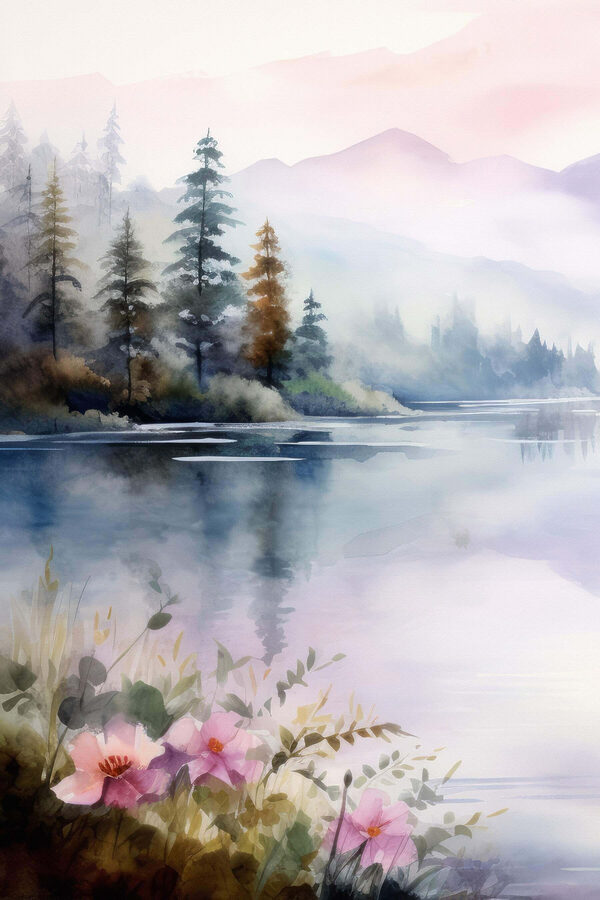 Aquarellmalerei eines Sees mit Bäumen und Blumen Aquarellmalerei eines Sees mit Bäumen und Blumen