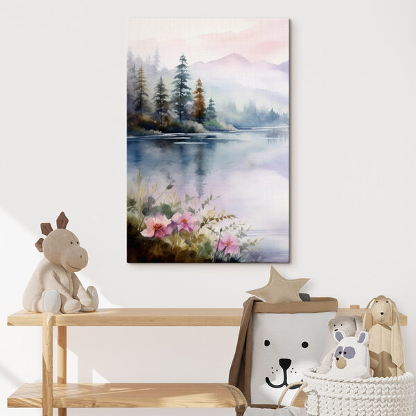 Aquarellmalerei eines Sees mit Bäumen und Blumen Aquarellmalerei eines Sees mit Bäumen und Blumen