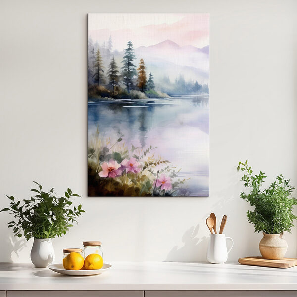 Aquarellmalerei eines Sees mit Bäumen und Blumen Aquarellmalerei eines Sees mit Bäumen und Blumen