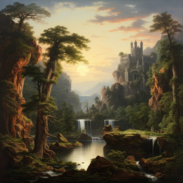 Wasserfall und ein Schloss in den Bergen Wasserfall und ein Schloss in den Bergen