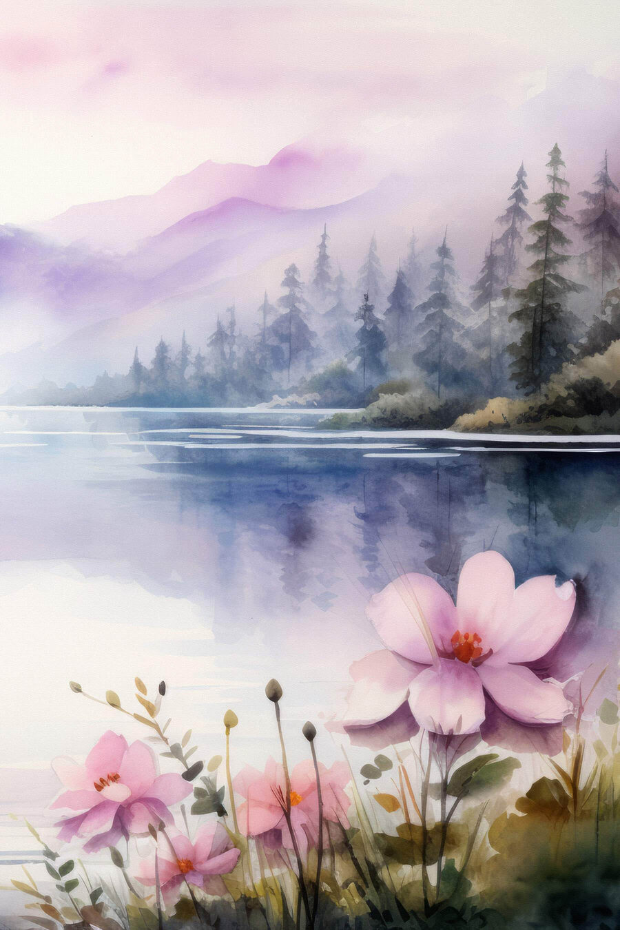 Aquarell von Blumen und Bäumen an einem See