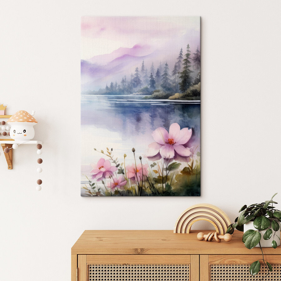 Aquarell von Blumen und Bäumen an einem See