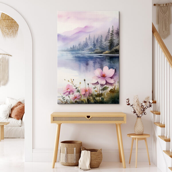 Aquarell von Blumen und Bäumen an einem See Aquarell von Blumen und Bäumen an einem See