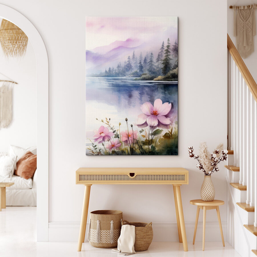 Aquarell von Blumen und Bäumen an einem See
