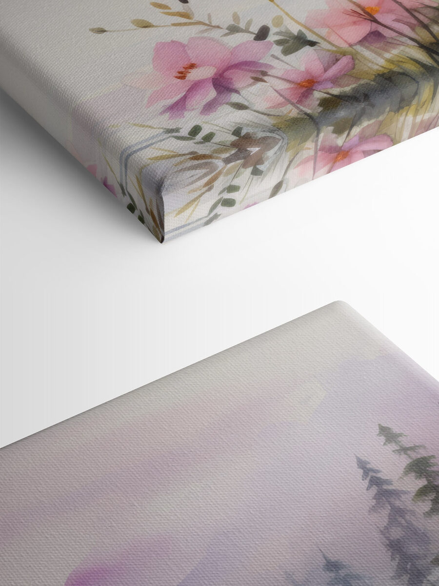 Aquarell von Blumen und Bäumen an einem See