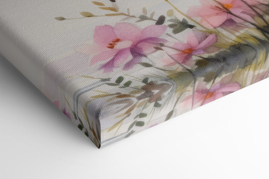 Aquarell von Blumen und Bäumen an einem See