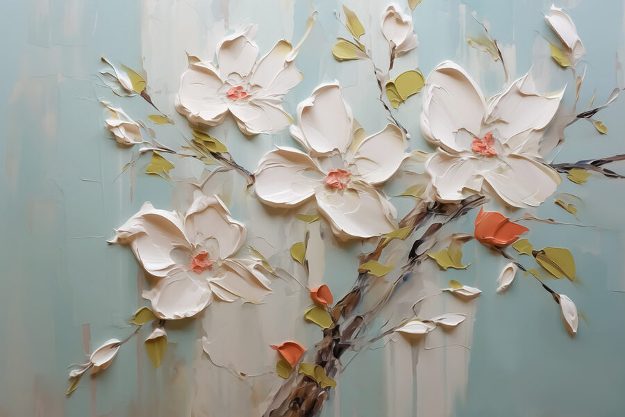 Gemälde mit Blumen auf blauem Hintergrund