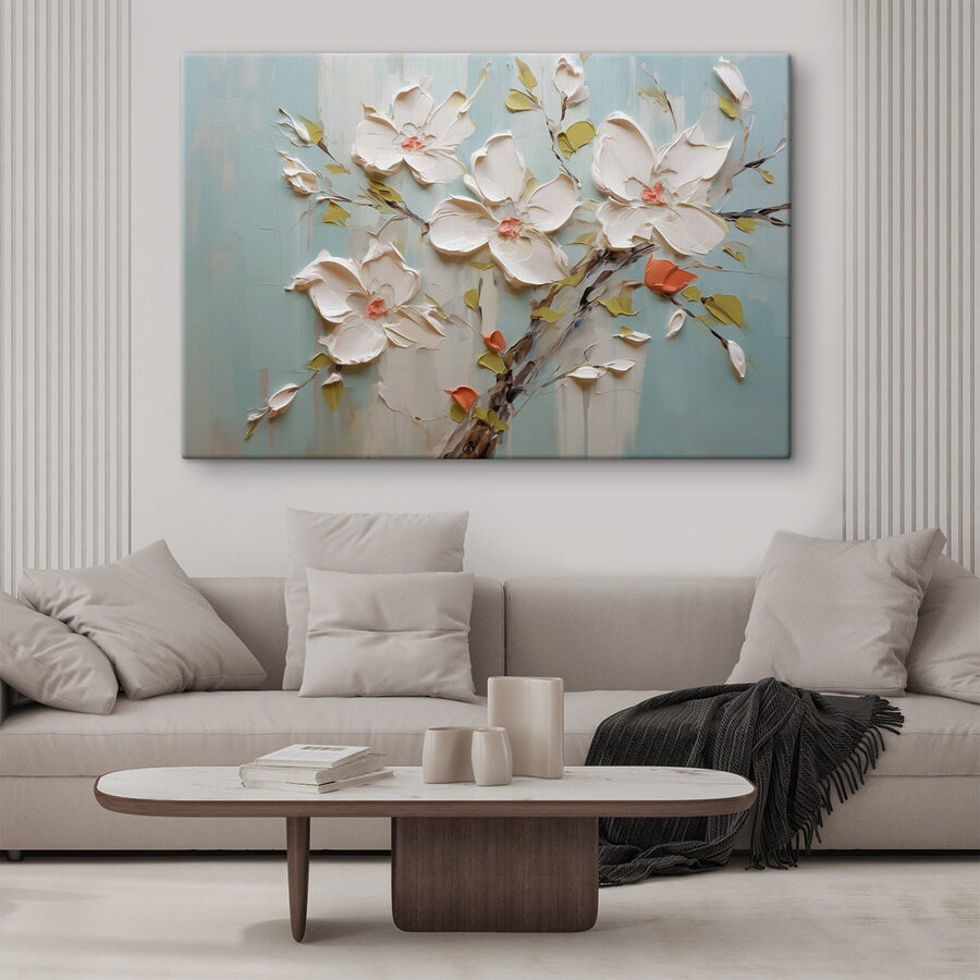 Gemälde mit Blumen auf blauem Hintergrund