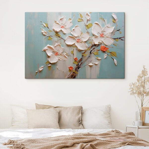 Gemälde mit Blumen auf blauem Hintergrund Gemälde mit Blumen auf blauem Hintergrund