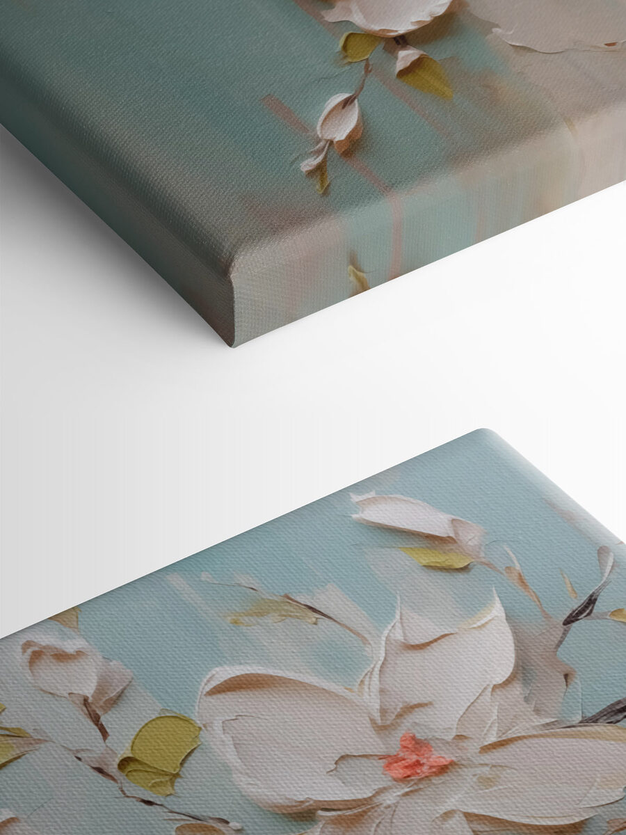 Gemälde mit Blumen auf blauem Hintergrund