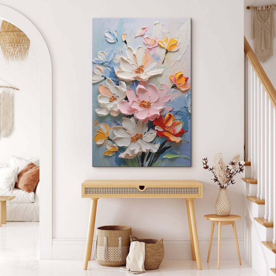 Gemälde mit Blumen an einer Wand Gemälde mit Blumen an einer Wand