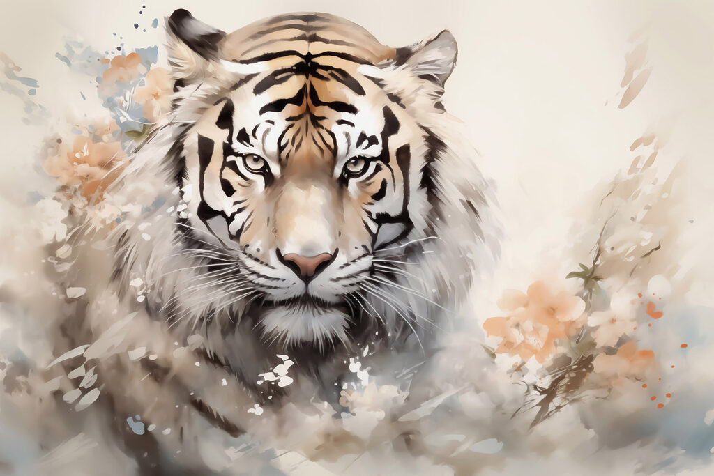 Tiger with flowers in the background Tiger with flowers in the background