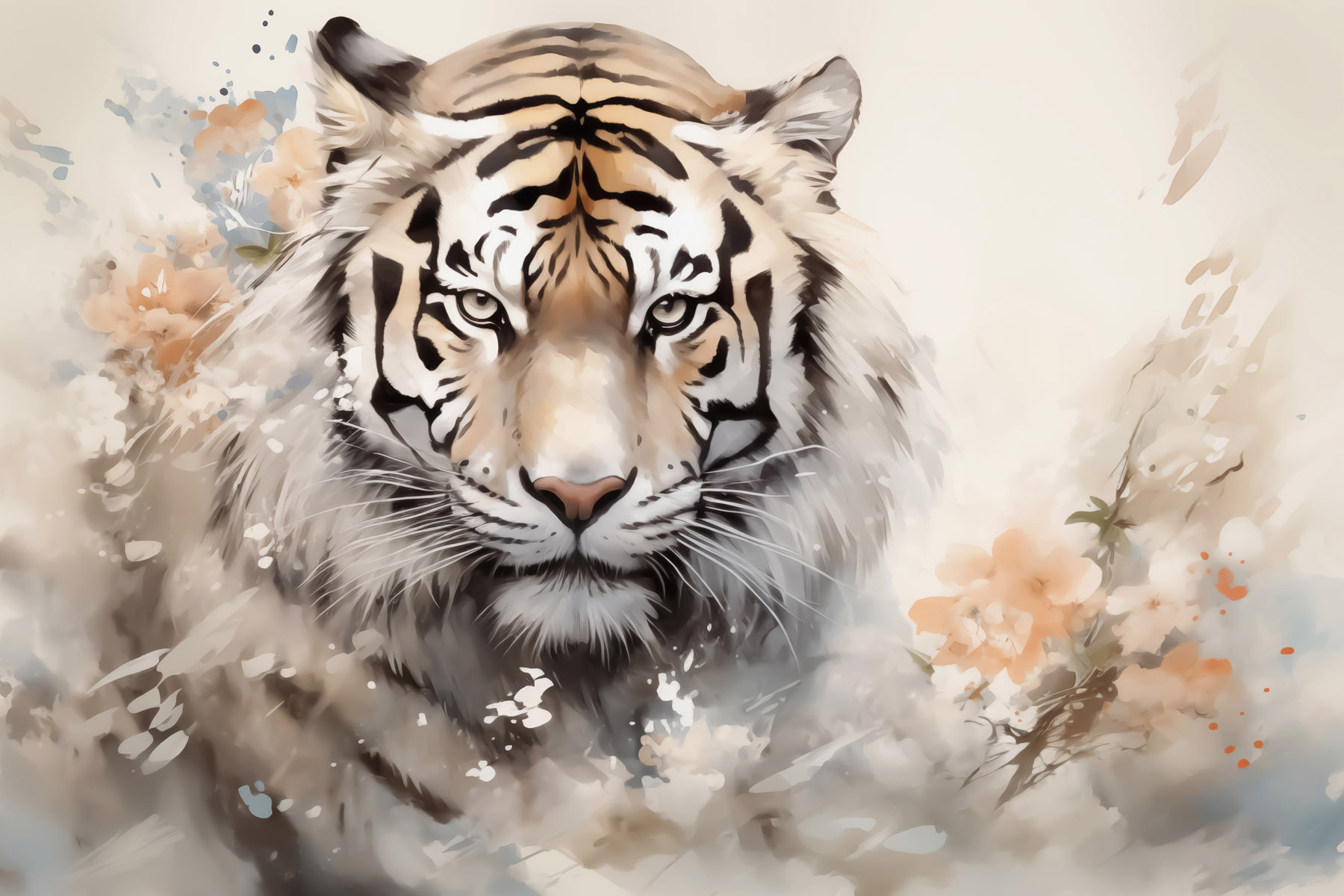 Tiger with flowers in the background