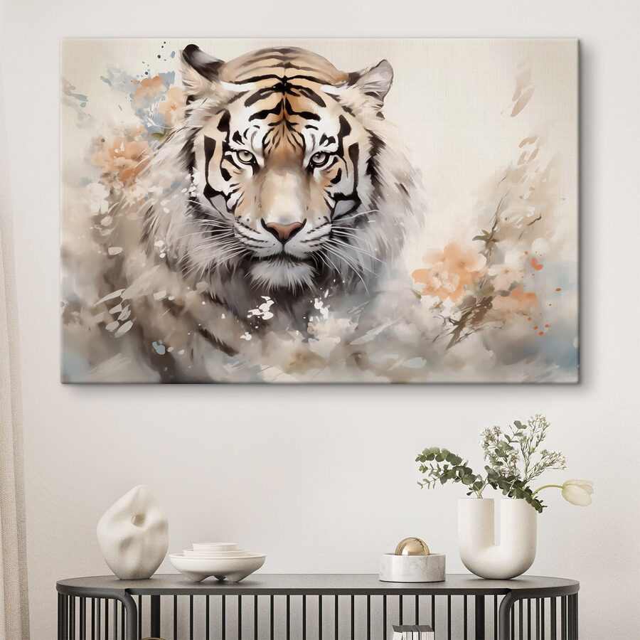 Tiger mit Blumen im Hintergrund