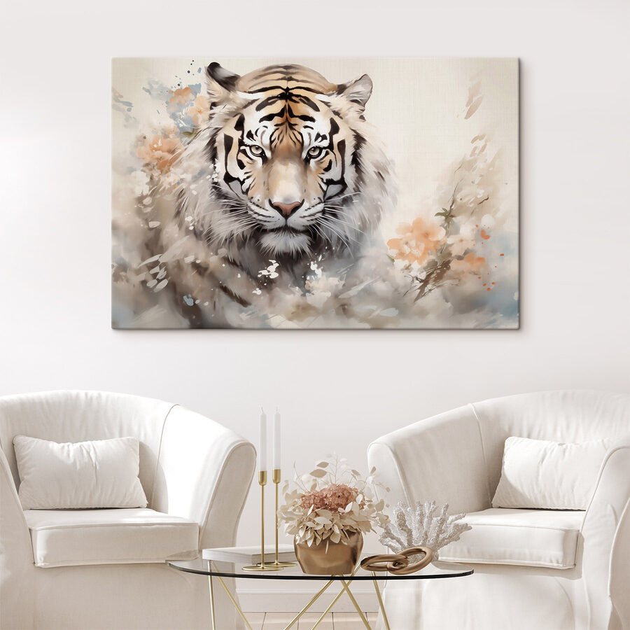 Tiger mit Blumen im Hintergrund