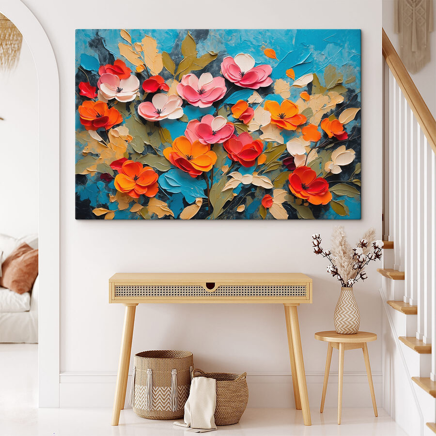 Malerei von Blumen auf einer blauen Fläche Malerei von Blumen auf einer blauen Fläche