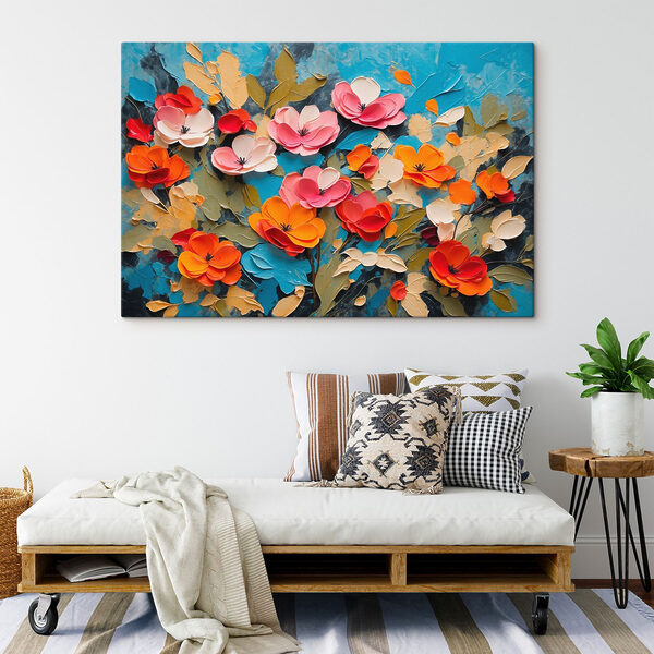 Malerei von Blumen auf einer blauen Fläche Malerei von Blumen auf einer blauen Fläche