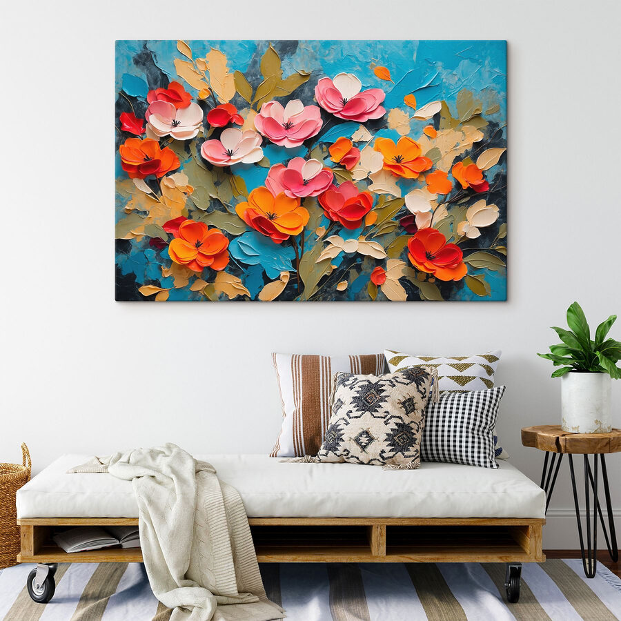 Malerei von Blumen auf einer blauen Fläche Malerei von Blumen auf einer blauen Fläche