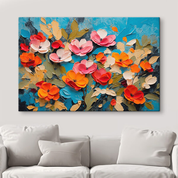 Malerei von Blumen auf einer blauen Fläche Malerei von Blumen auf einer blauen Fläche